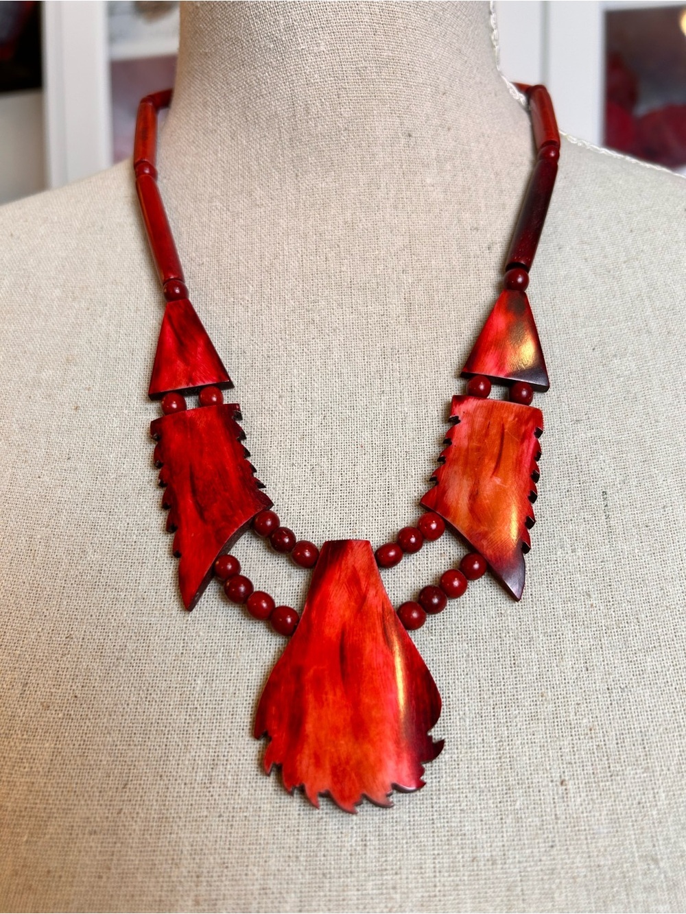 💝2/20$ Hand-carved natural wood panels vibrant red/orange Art Deco/Tribal vibes